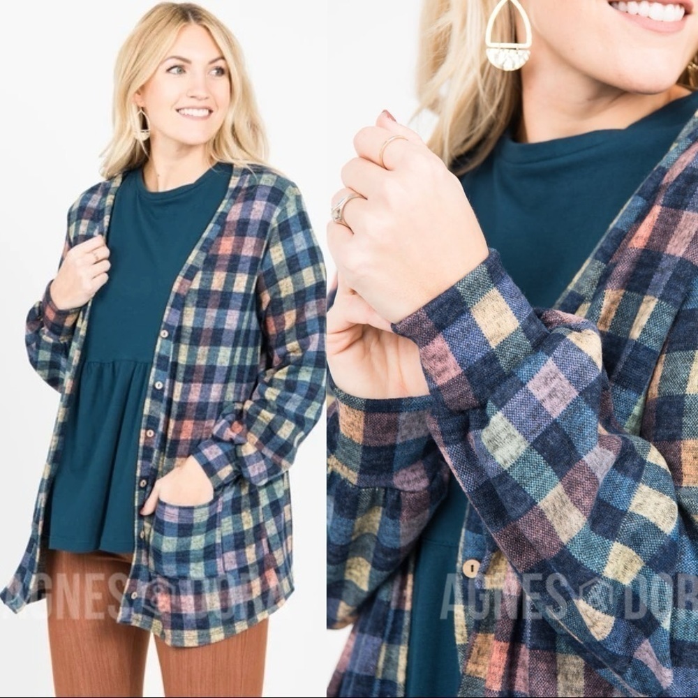 NWT Agnes & Dora Blouson Cardigan | Colorful Check